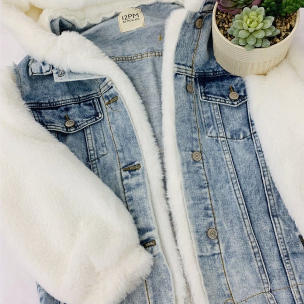 Long sleeve denim jacket w/ faux fur sleeves & hood